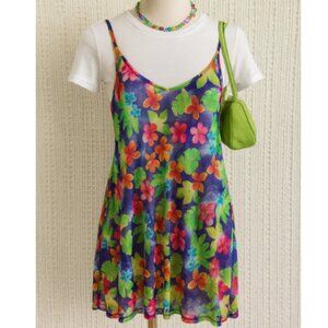 Vintage Leilani Y2K Sheer Hawaiian Floral Slip Dress Tropical Cami M/L